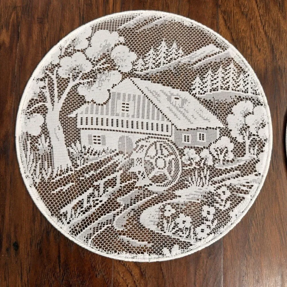 Vintage German Lace Window Hanging Set 2 Rothenburg Village Water Wheel Doilies